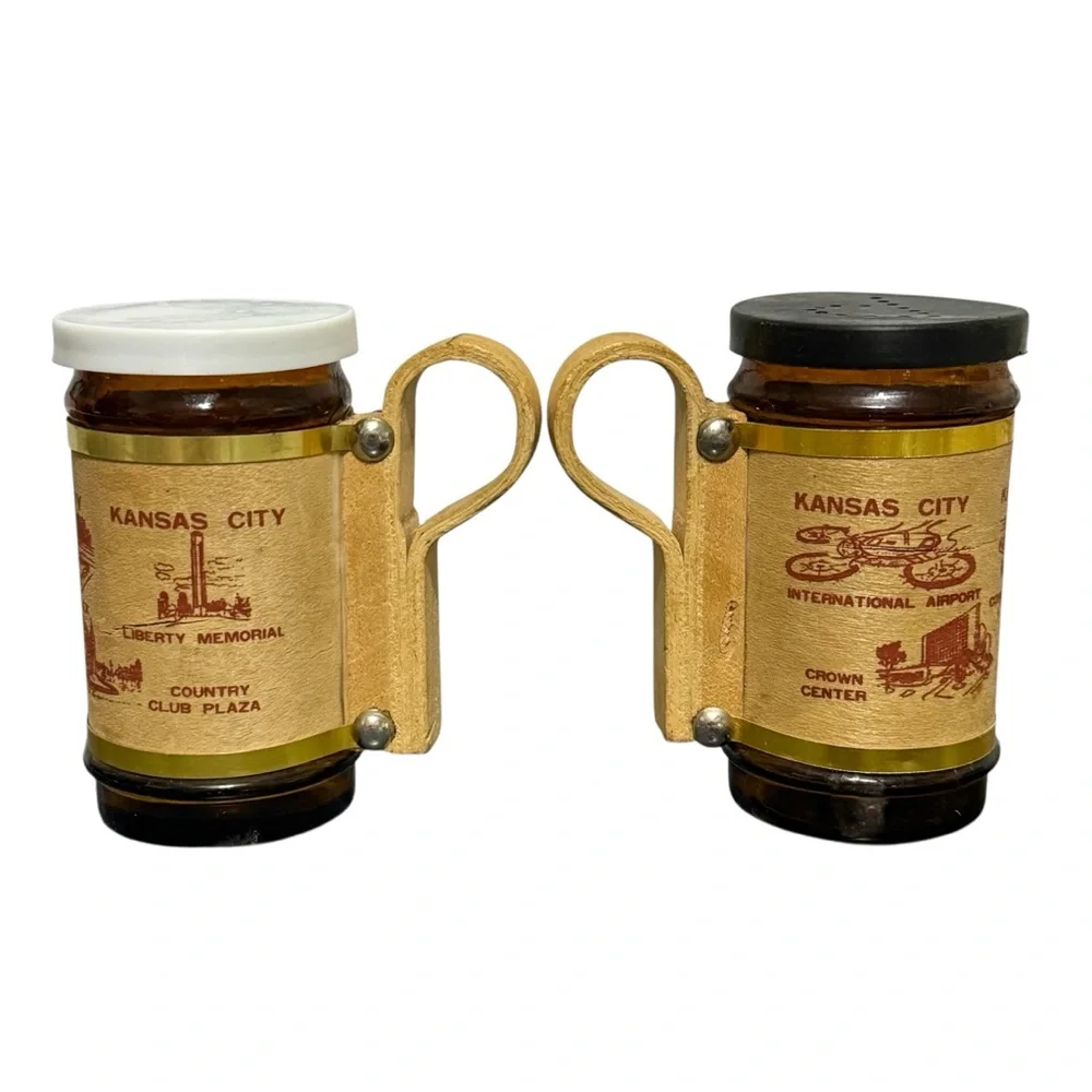 Vintage Amber Glass & Wood Kansas City Souvenir Salt & Pepper Shakers